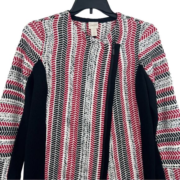 Chico's Striped Asymmetrical Zip Moto Jacket Med Mixed Woven Ribbed Knit Fall - Picture 2 of 10